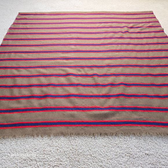 NWOT Wool Lightweight Woven Scarf Wrap Tan With Blue & Red Stripes - Picture 7 of 9